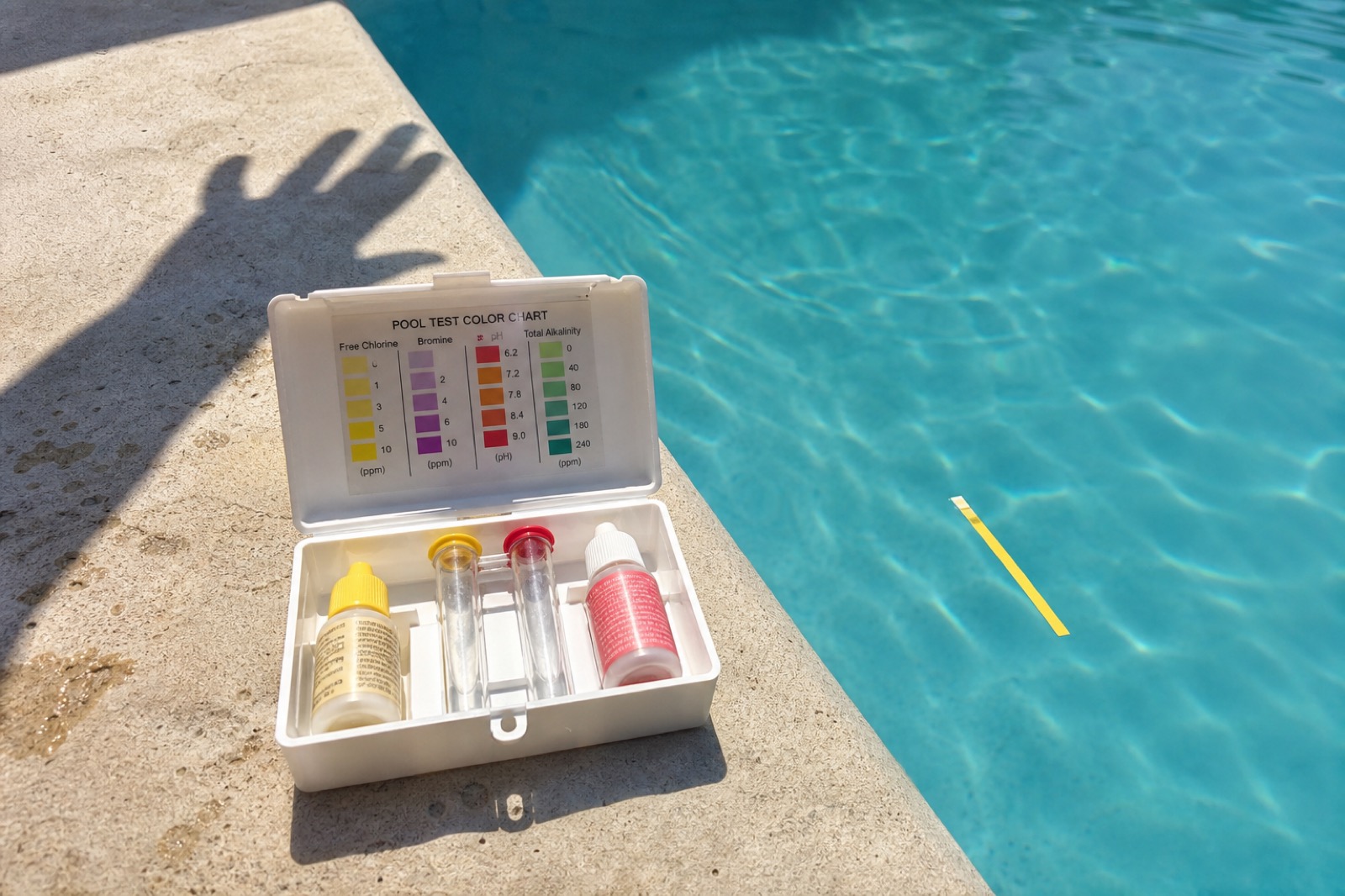 An open pool chemistry test kit on a pool deck with a yellow test strip floating in the water nearby.