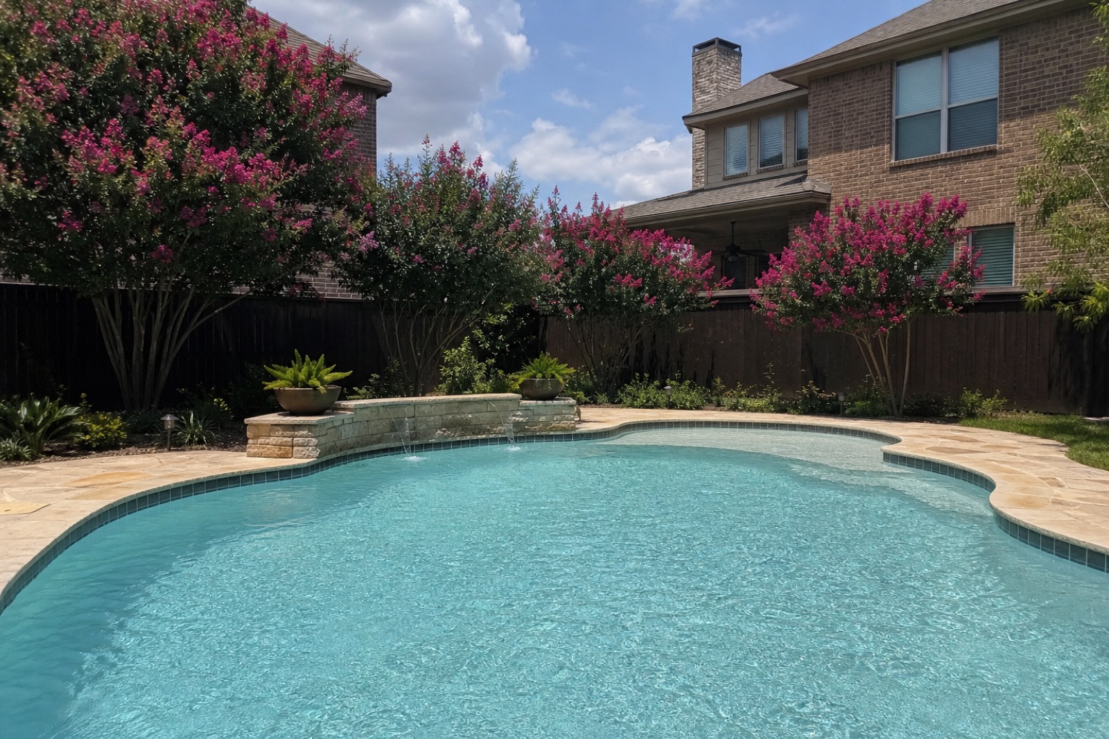 A clean residential pool in a Fort Worth backyard with crepe myrtles in bloom and a brick two-story home in the background.