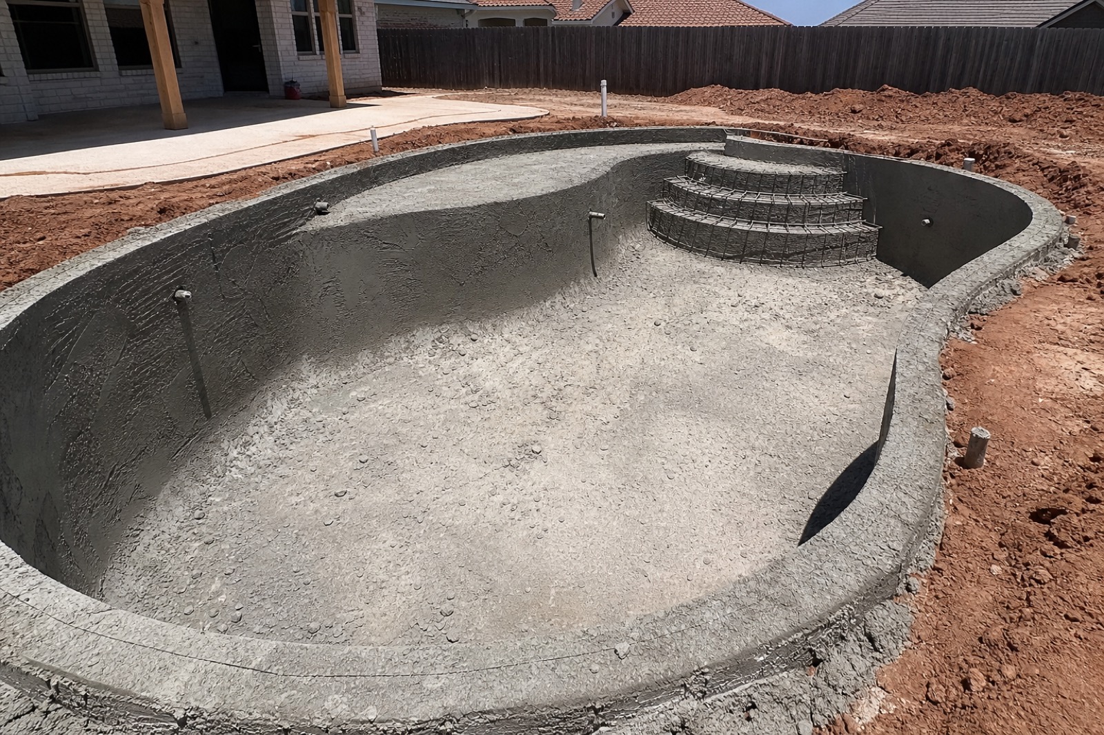Gunite shell of a new Sparkle Pool Care build in progress, Fort Worth backyard with Texas red clay around the excavation.