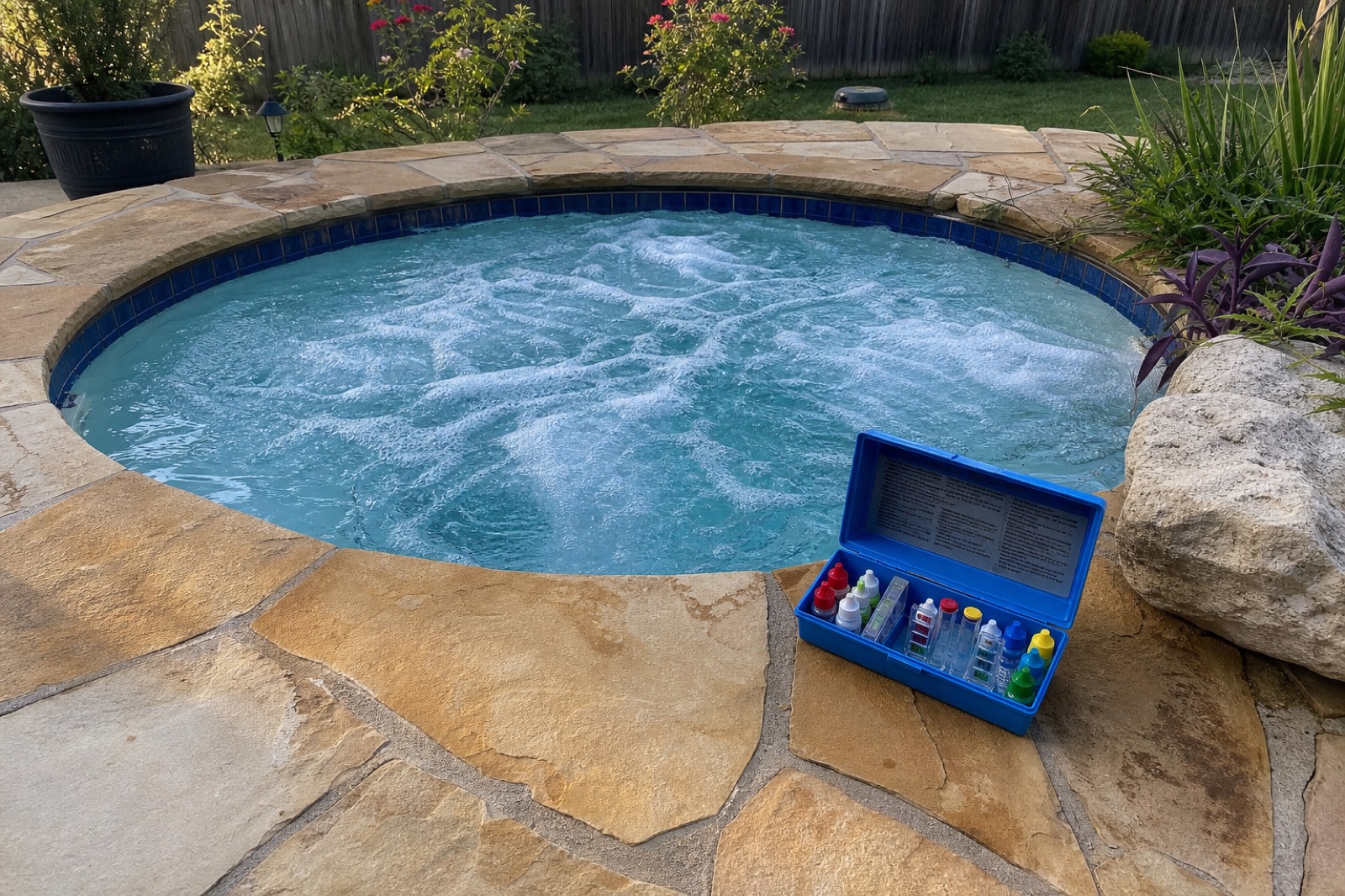 A residential spa with bubbling jets and a service test kit open on the flagstone surround, late afternoon light.